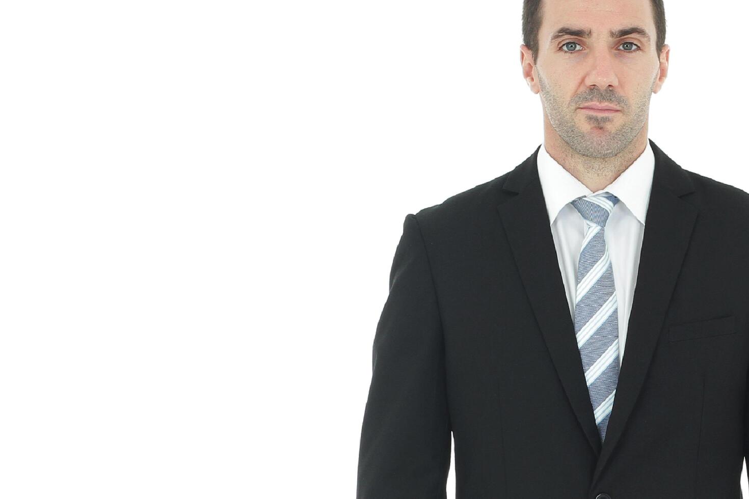 Handsome and smart businessman in black suit isolated on white background. Copy Space photo