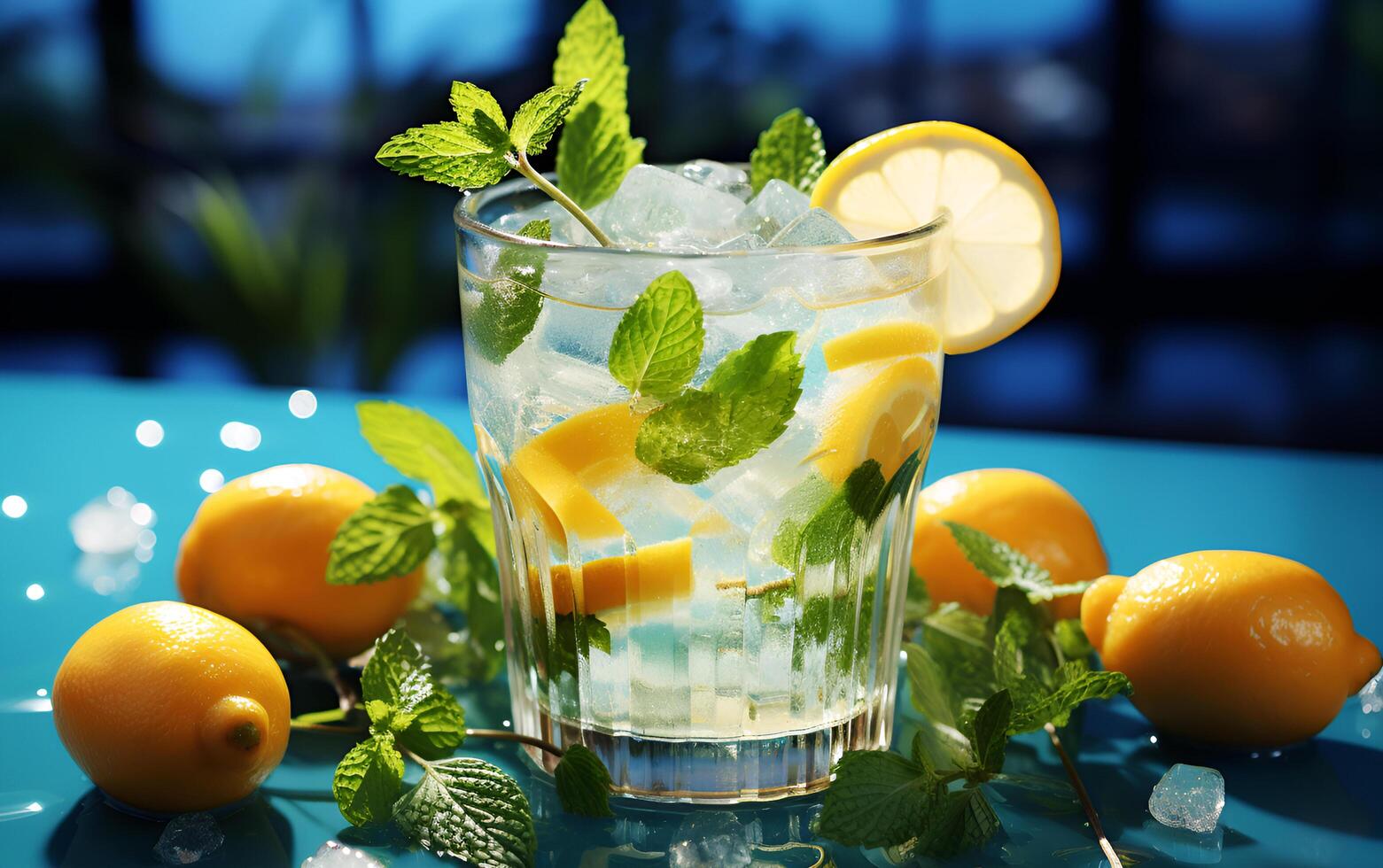 Refreshing drink with ice, lemon and mint. Cold lemonade on light blue table. Ai-Generated photo