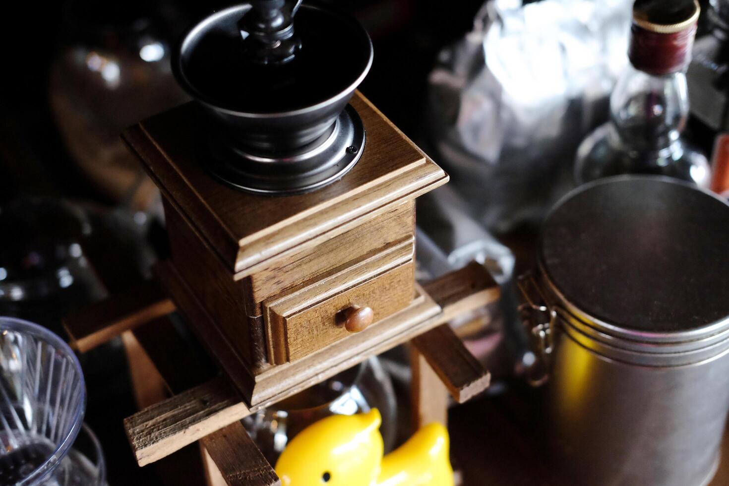 Vintage coffee drip machine set on counter bar in cafe photo