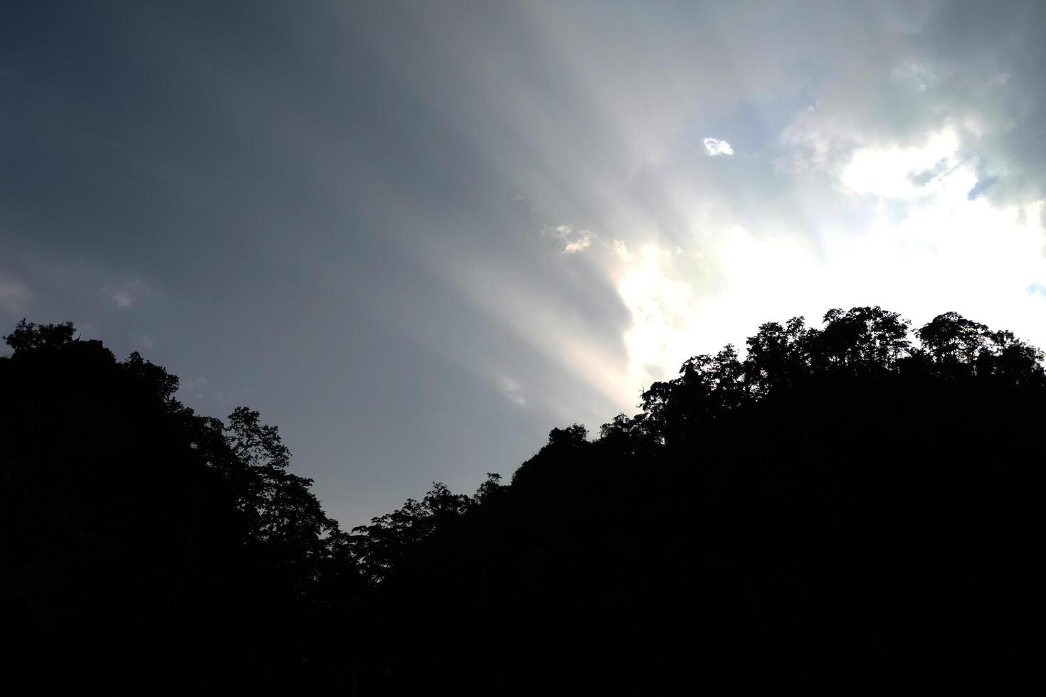 Silhouette wild and mountain with rays of sunlight spread in the sky photo