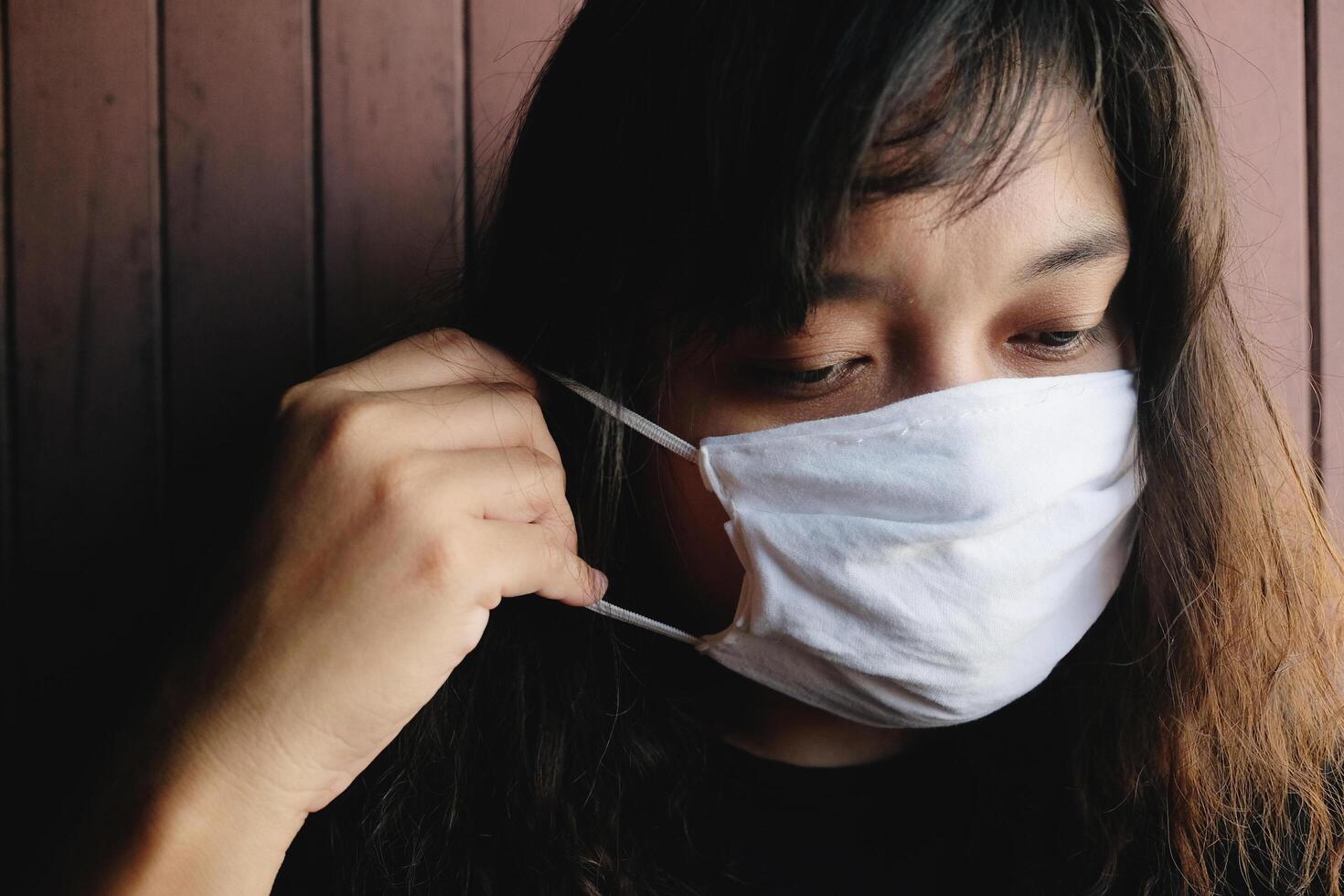 Asian Thai woman wearing a white cloth mask for prevent the Covid-19 or Corona virus and Air Pollution Value Pm 2.5 in Thailand and Epidemic disease around the world. Health and illnes photo