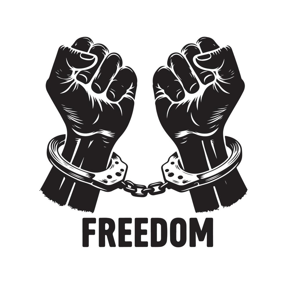 A pair of hands chained to a chain with the text words freedom. A pair of hand in handcuff. Hand drawn illustration. vector