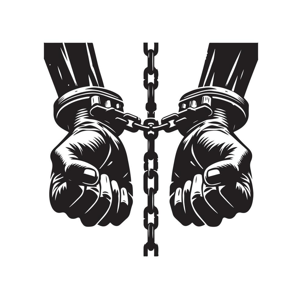 A pair of hands chained to a chain with the text words freedom. A pair of hand in handcuff. Hand drawn illustration. vector