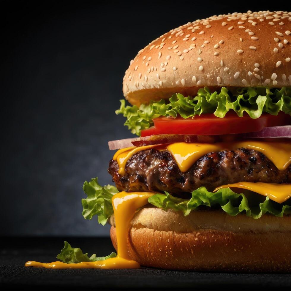 Hamburger on sesame seed bun with fixings photo