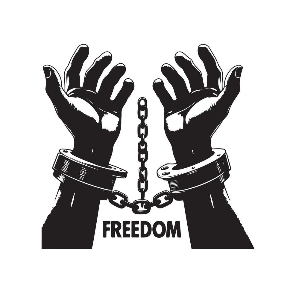 A pair of hands chained to a chain with the text words freedom. A pair of hand in handcuff. Hand drawn illustration. vector