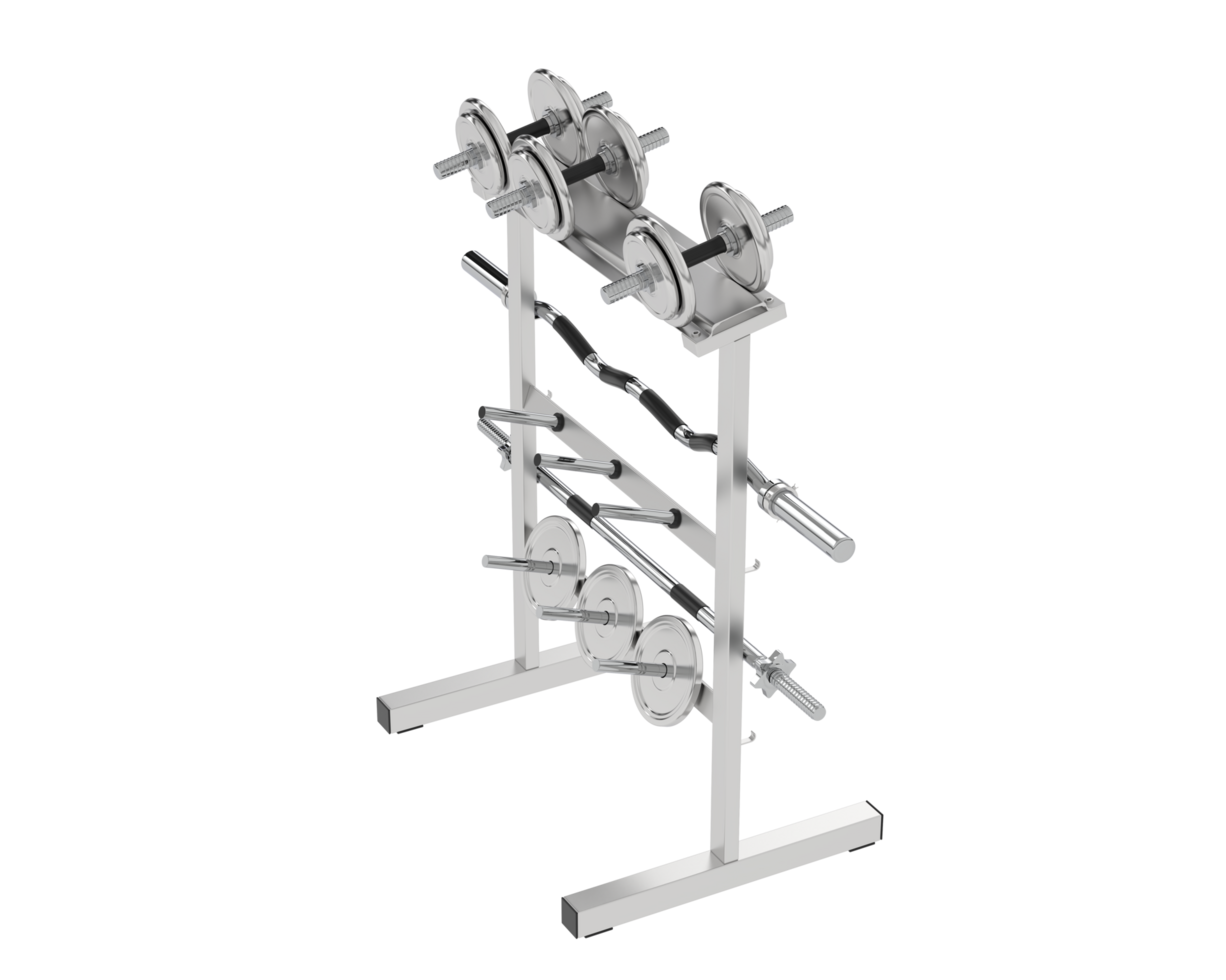 Weights on rack isolated on background. 3d rendering - illustration png