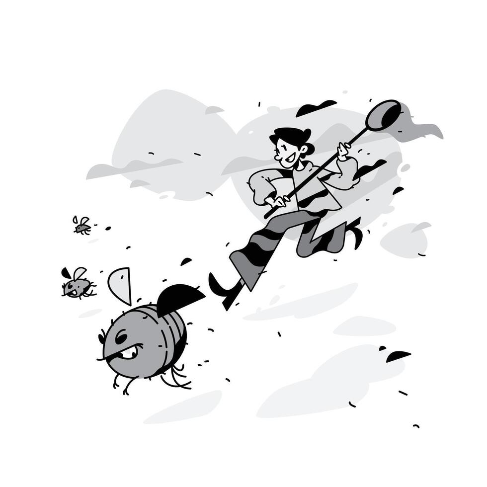 Illustration of a man running with flies and beetles. The tester catches bugs and errors. Image is isolated on white background. A man with a net catching insects. Enthomologist. Mascot. vector