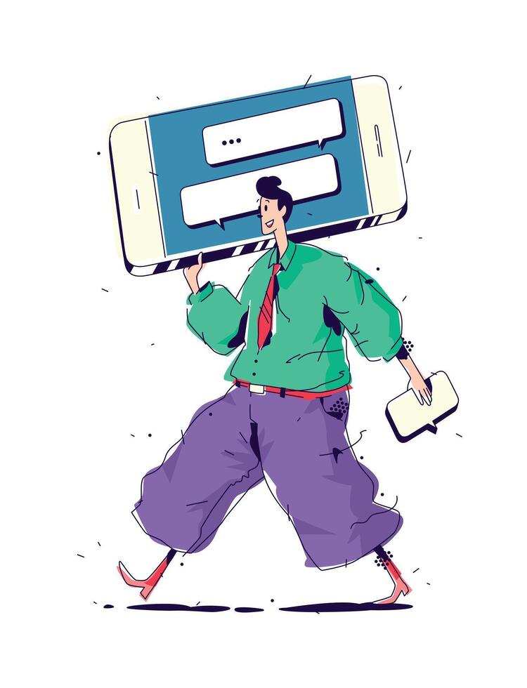 Illustration Men with big smartphone. Manager and messages in the chat, sending advertisements via SMS. Image is isolated on white background. Illustration for banner, website and print. Advertising. vector