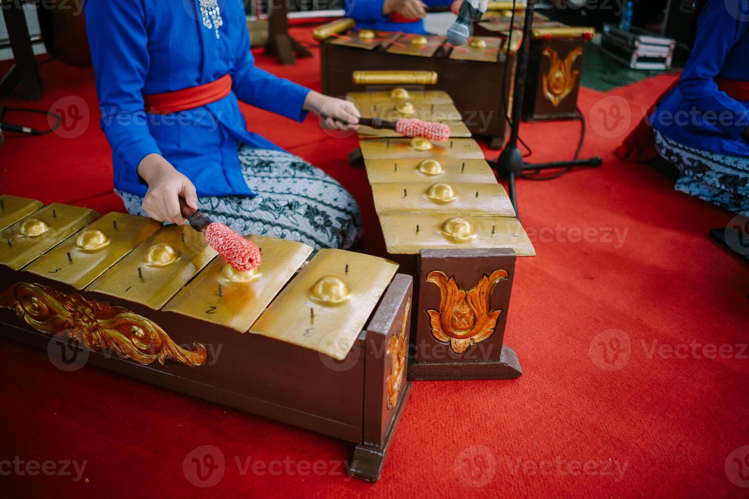 A captivating image of a young girl playing the enchanting tones of a traditional gamelan orchestra, a cultural gem from Indonesia photo