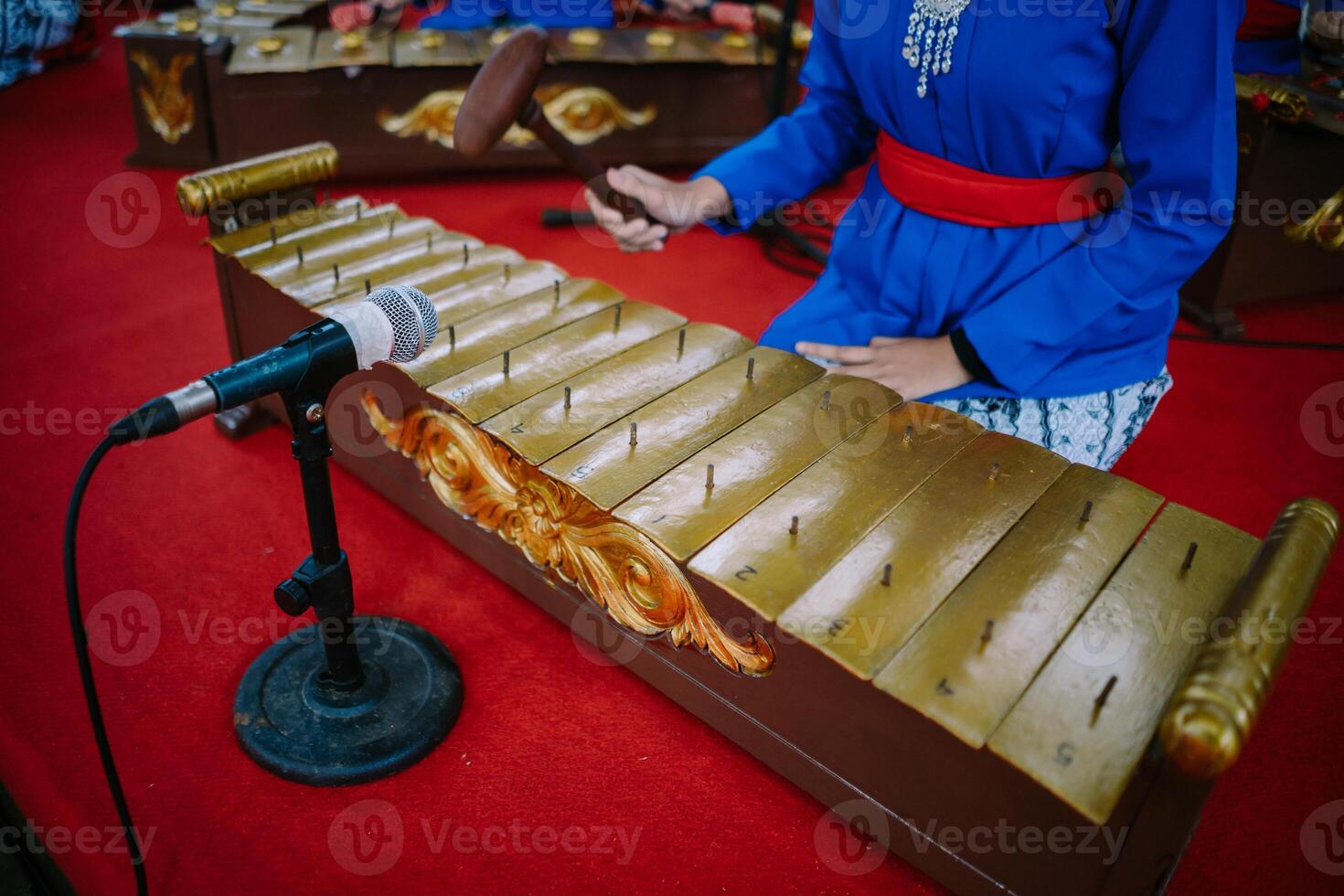 A captivating image of a young girl playing the enchanting tones of a traditional gamelan orchestra, a cultural gem from Indonesia photo