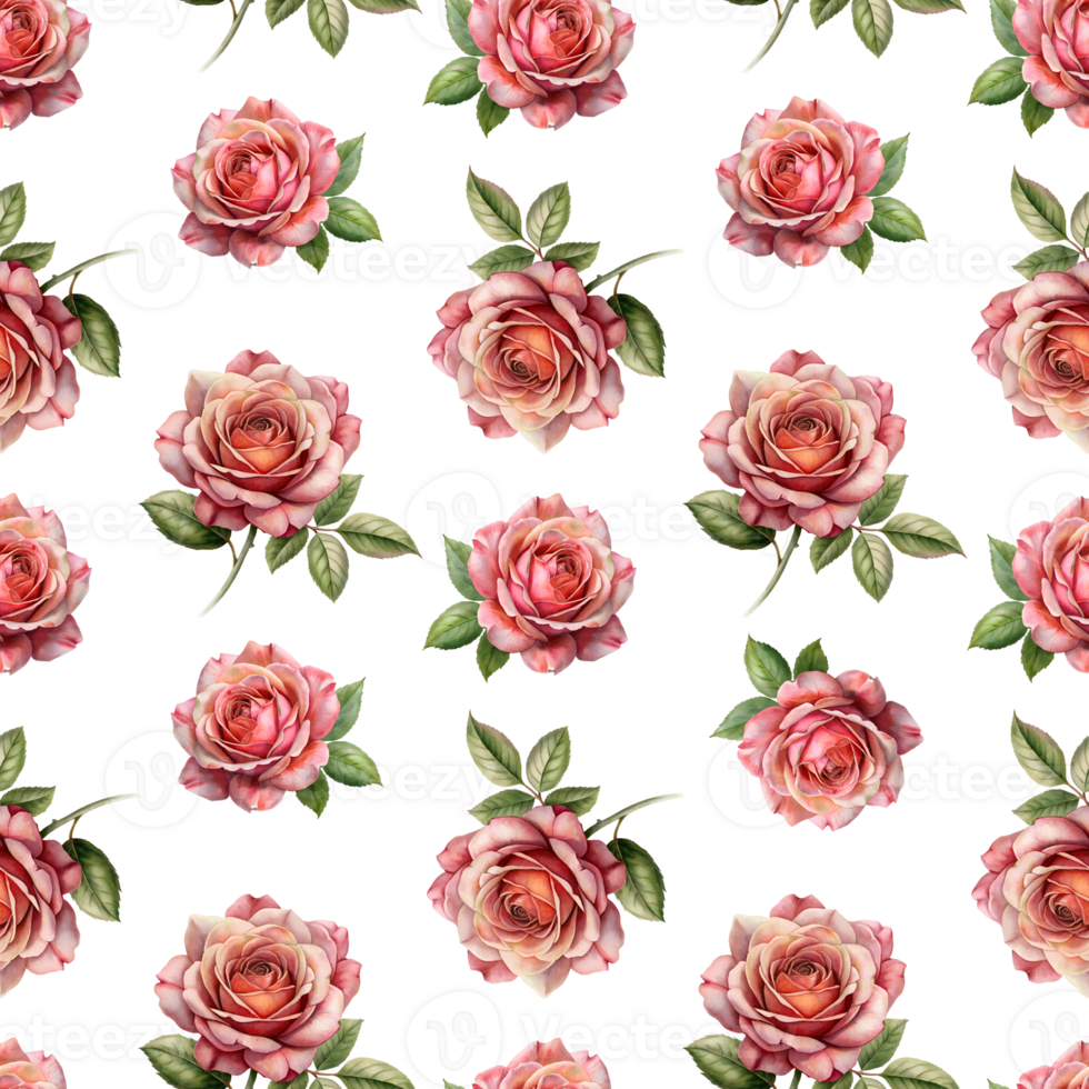 Seamless pattern bunch of pink roses with green leaves. The roses are arranged in a pattern, with some overlapping and others standing alone. png
