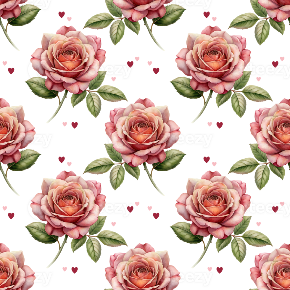 A seamless pattern of roses with hearts in the center. The image has a romantic and feminine feel to it. png