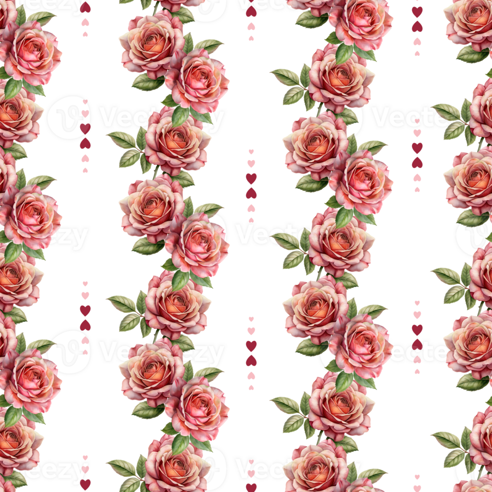A seamless pattern of roses with hearts in the center. The image has a romantic and feminine feel to it. png