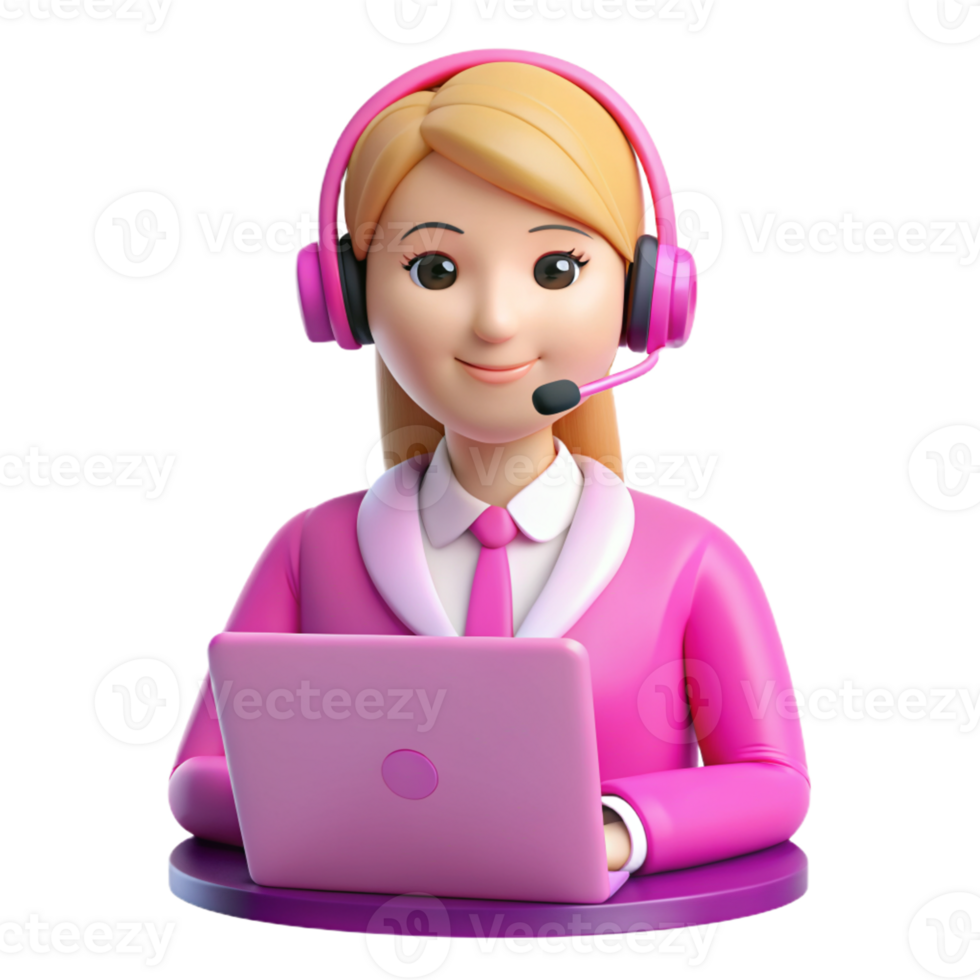 woman in 3D cartoon style wearing a pink dress. Headphones, computer keys Coordinate to help people png