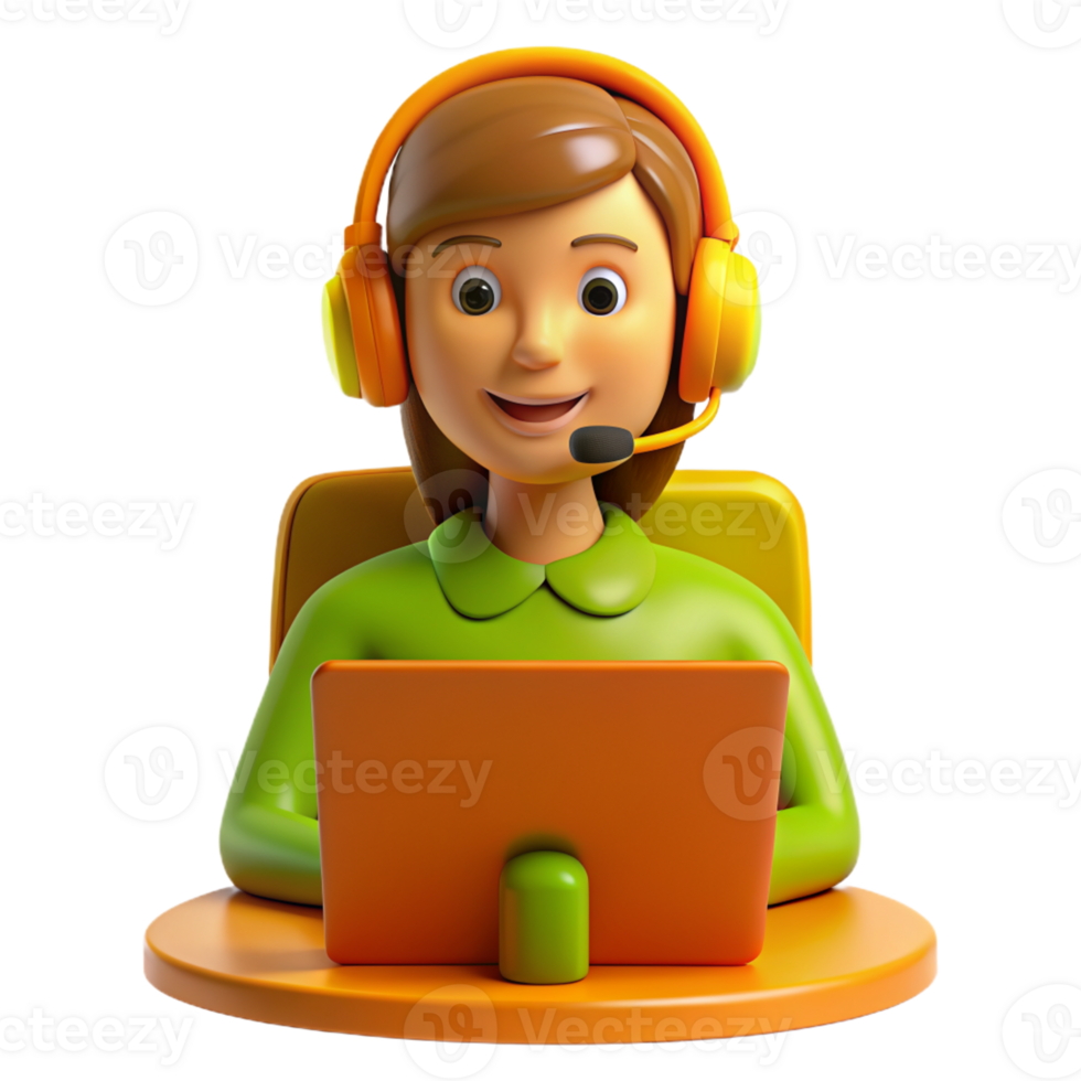 woman in 3D cartoon style wearing a green dress. Headphones, computer keys Coordinate to help people png