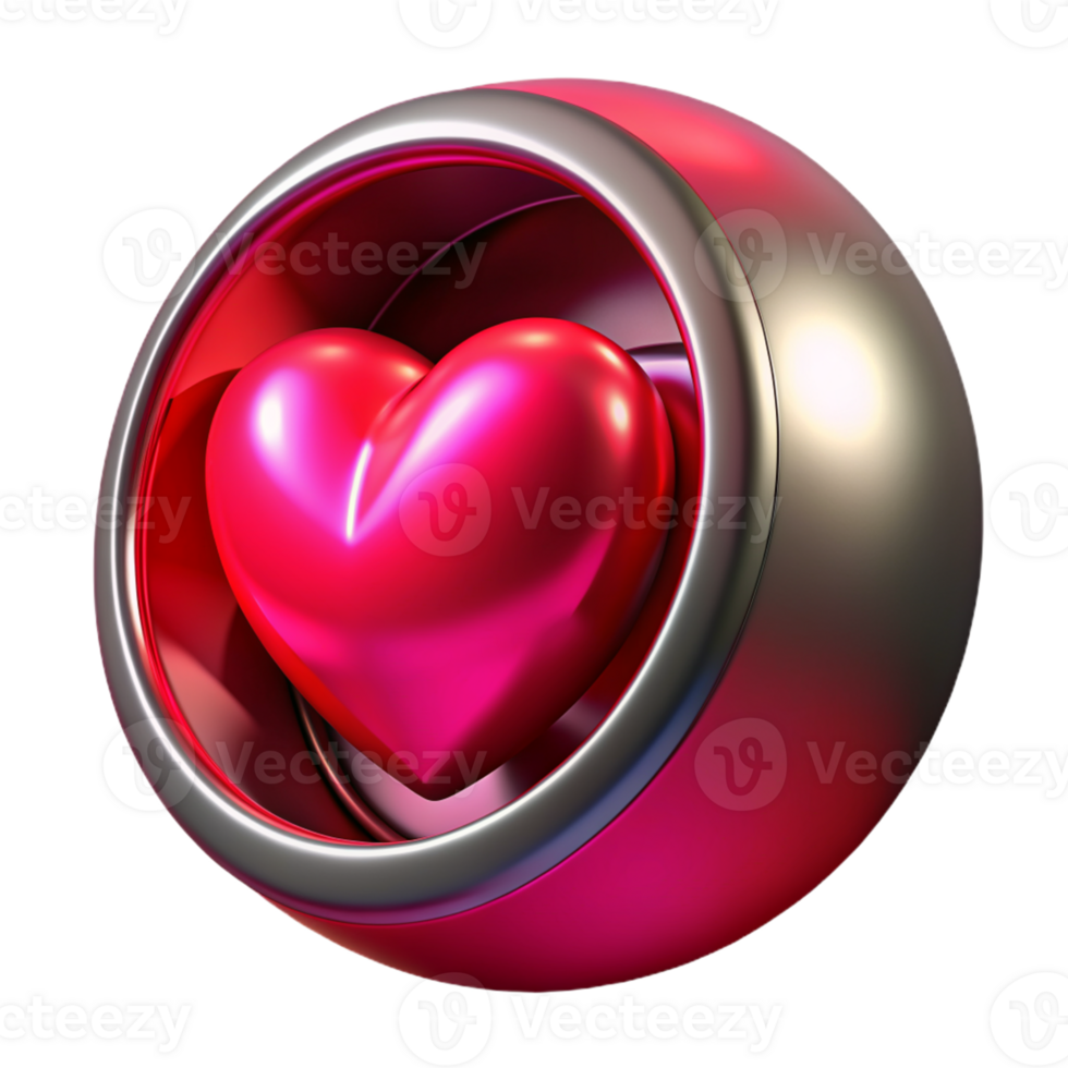 3D red metallic heart in a red metallic ball on transparent background png