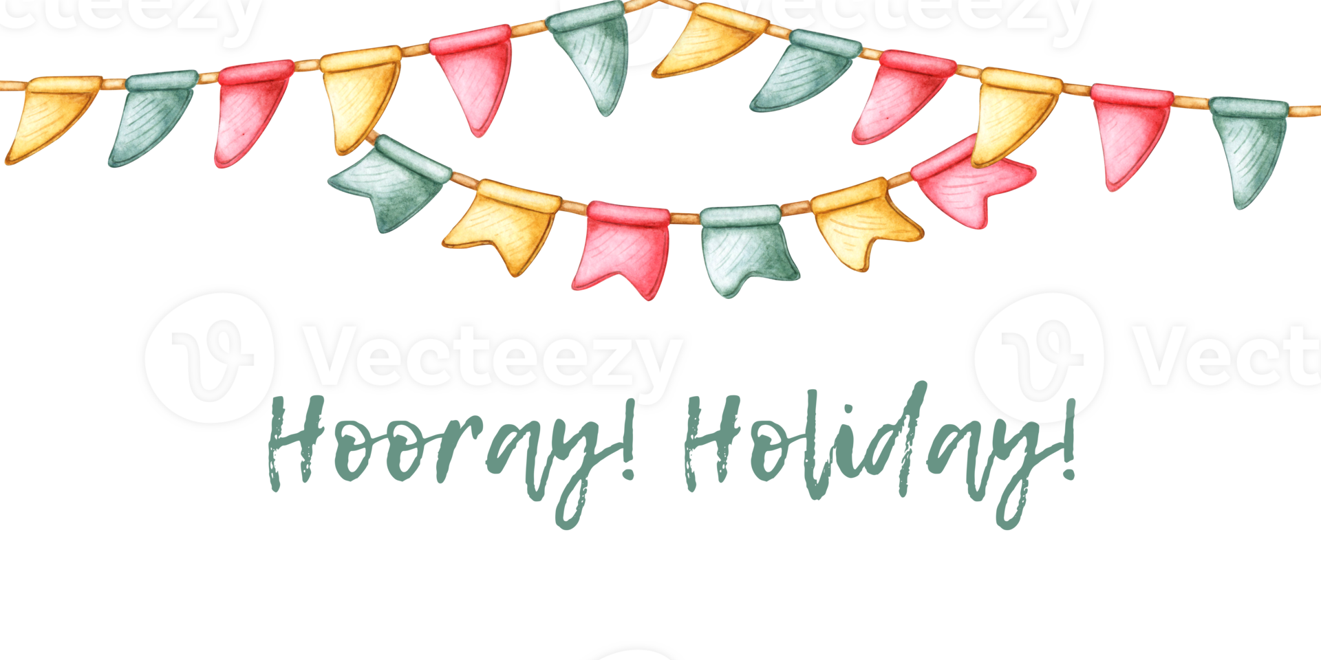 Flags of yellow, red and green colors, garland on a rope banner with text watercolor illustration. Isolated from background for universal use in greetings, invitations, decor and advertising. png
