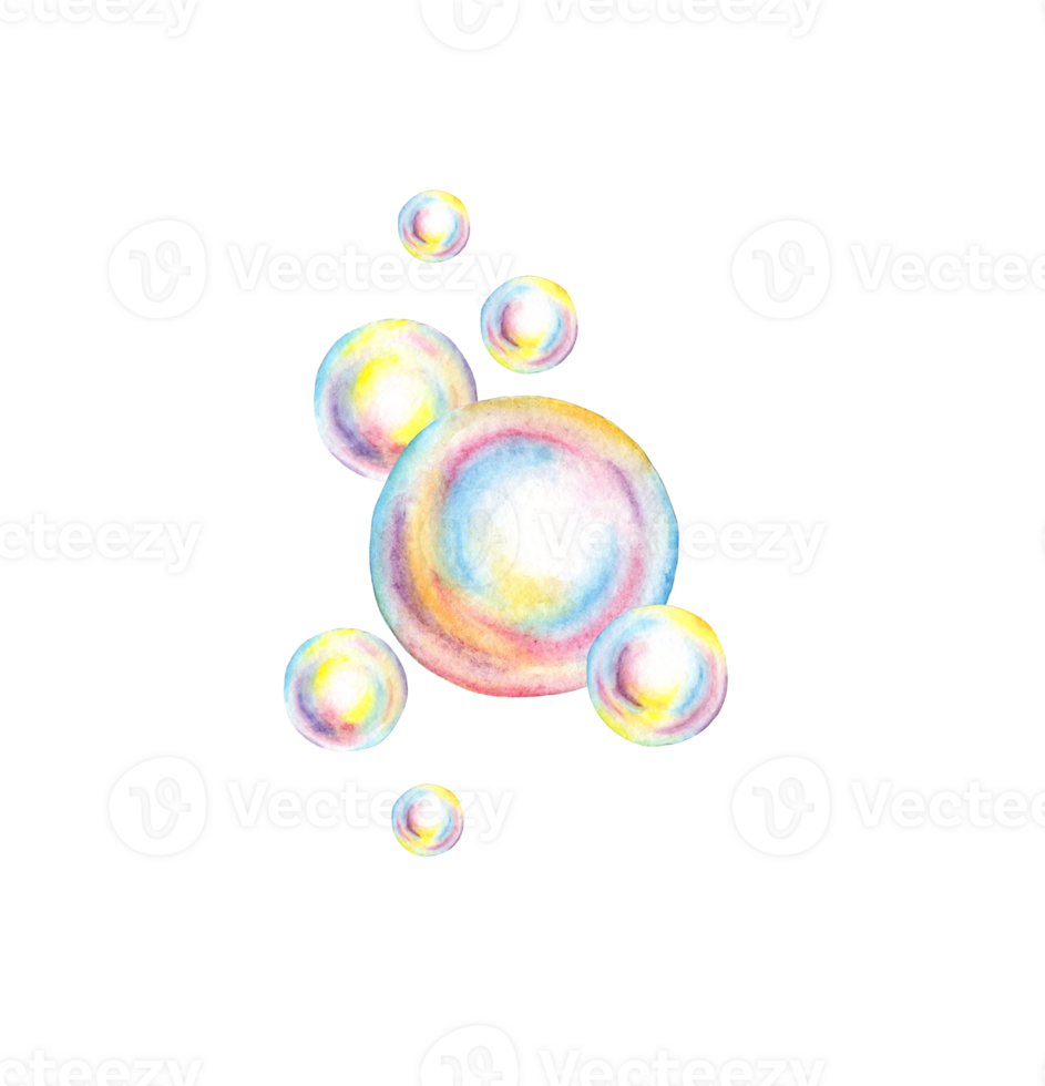 Soap bubbles of different sizes watercolor illustration. Soap suds, summer games, bath time, carnival, bubble party. Ideal for art projects, children's books, greeting cards png