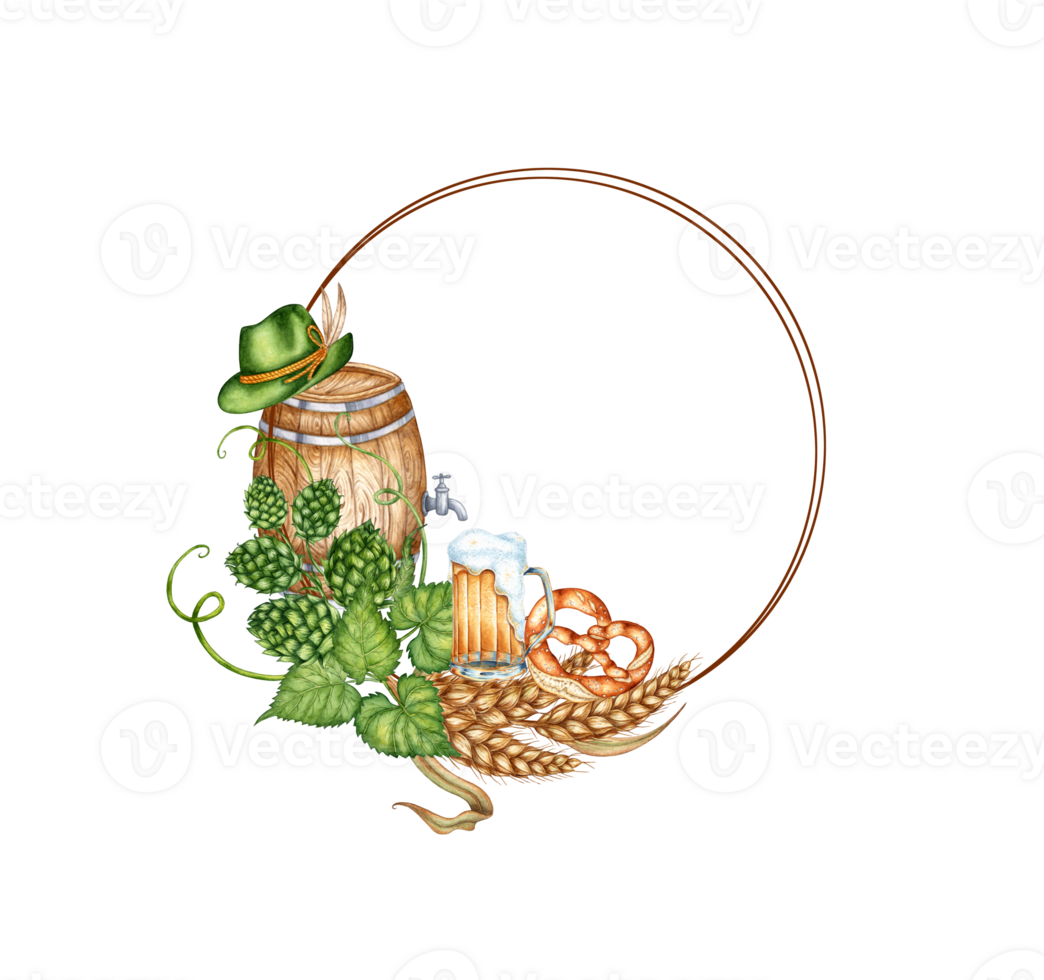 Beer festival consisting of elements of wooden beer barrel, green hat with feather, beer mug, pretzel and ears of wheat watercolor illustration. Ideal for holiday design, invitations png
