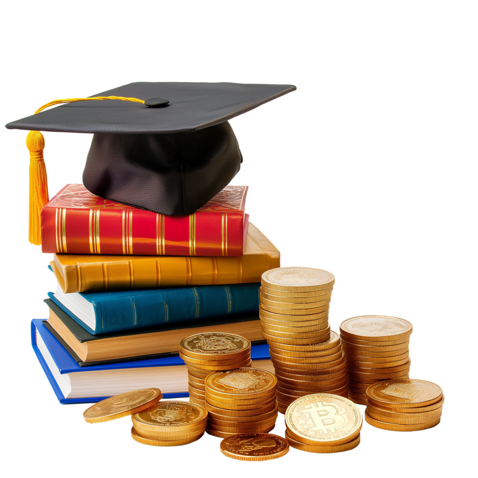 Graduate cap on stack of money pile gold coin png