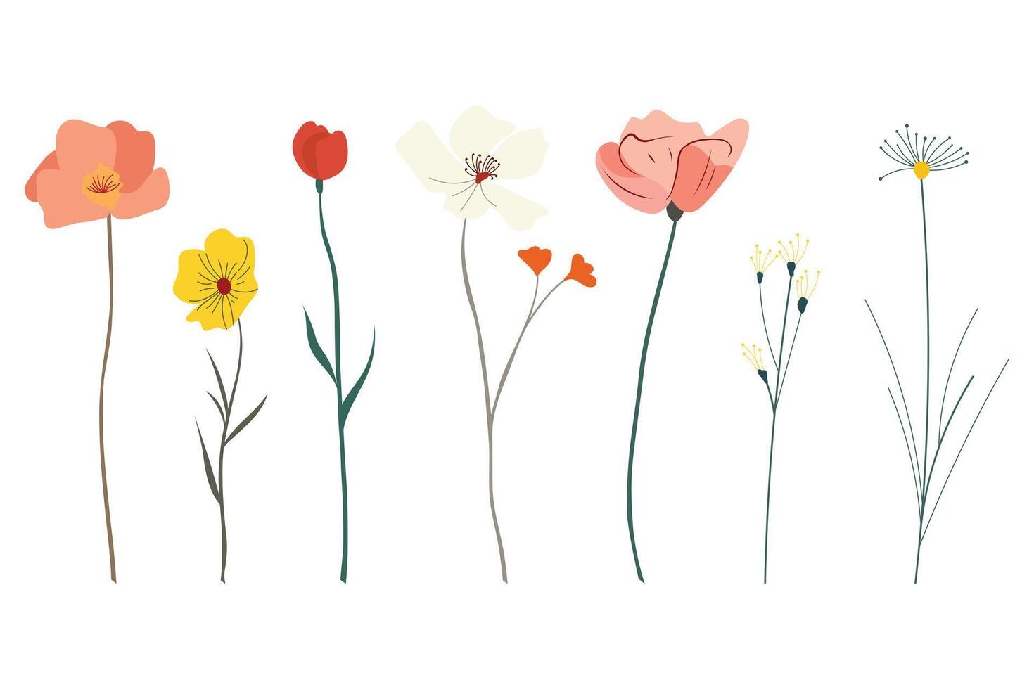 Line of five flowers in flat design illustration isolated on white background vector
