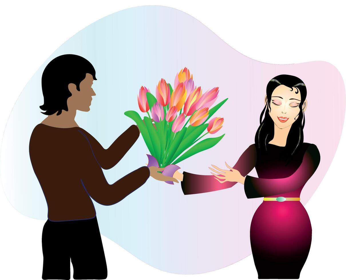 A beautiful lady happily accepts a bouquet of tulips from her loved one. Spring full of love. womens day. st valentines day vector