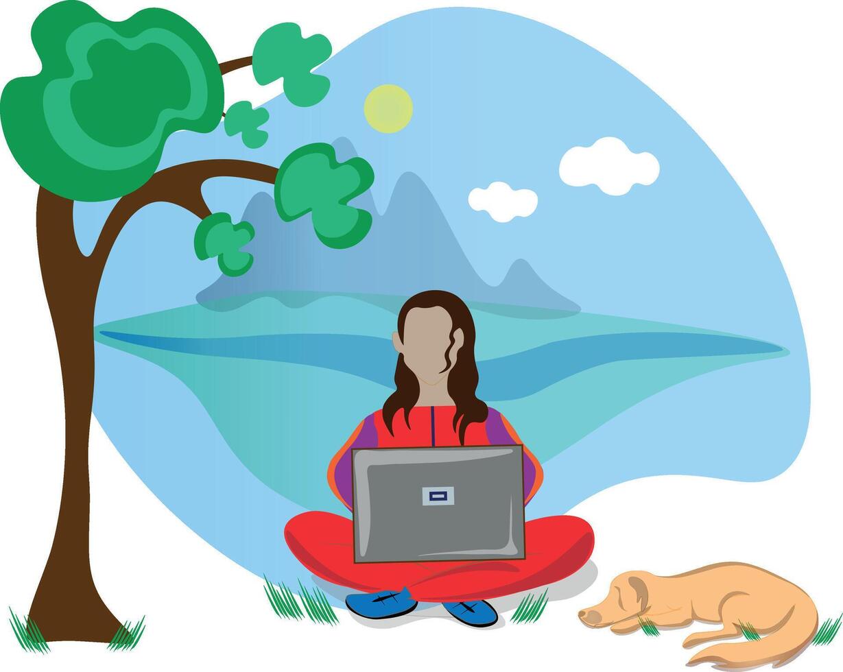 Nice illustration of a lady in a tracksuit sitting in nature working on a laptop, her dog is sleeping next to her vector