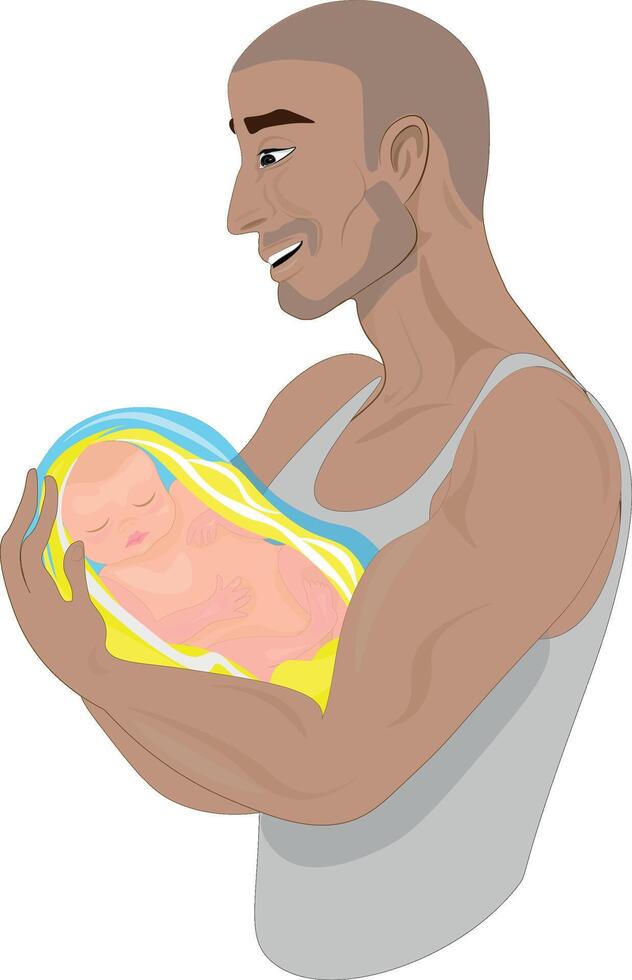 happy father with a baby. Happy daddy holds his newborn baby in his arms. His eyes are in tears of happiness. Happy Father s Day. Ukrainian father. vector