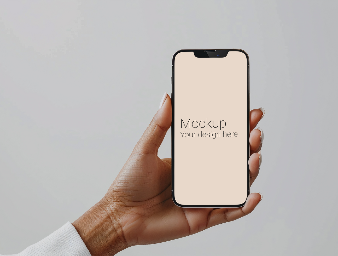 Mockup of black smartphone in hand on gray background psd