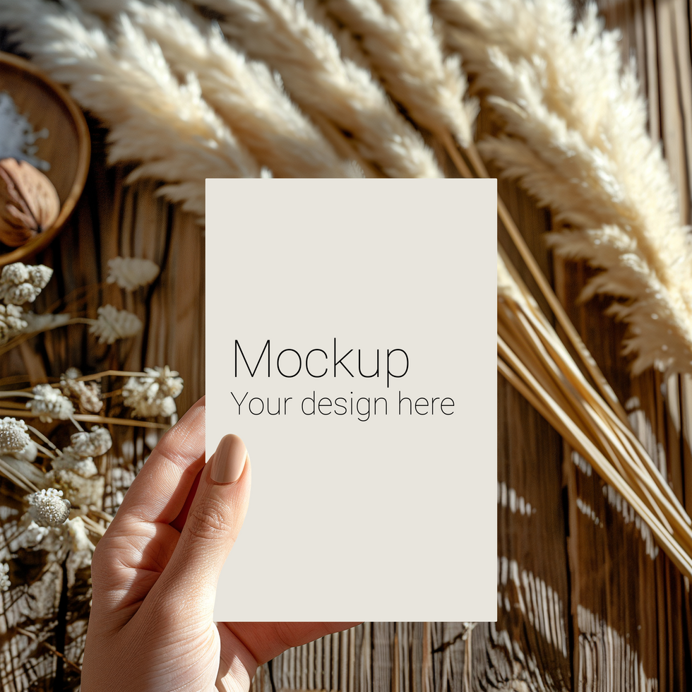 Mockup of greeting card in hand on background of plants psd