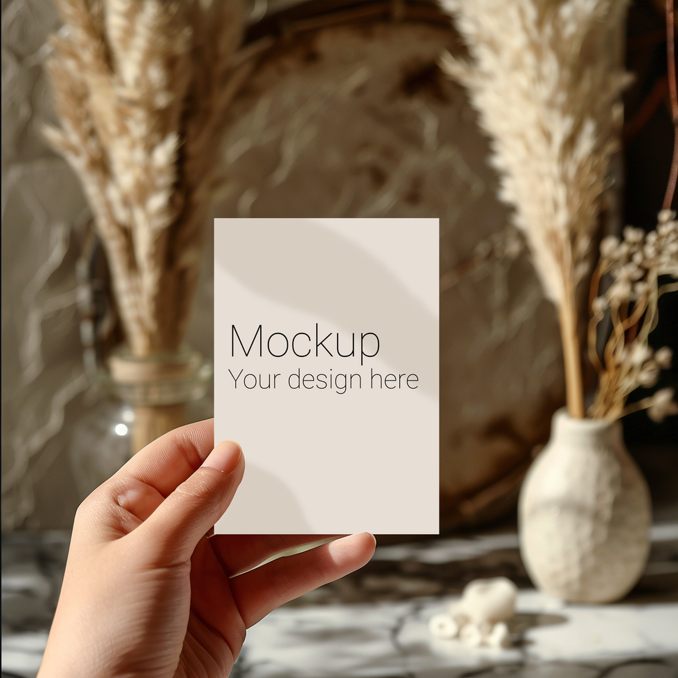 Mockup of greeting card in hand on background of plants psd