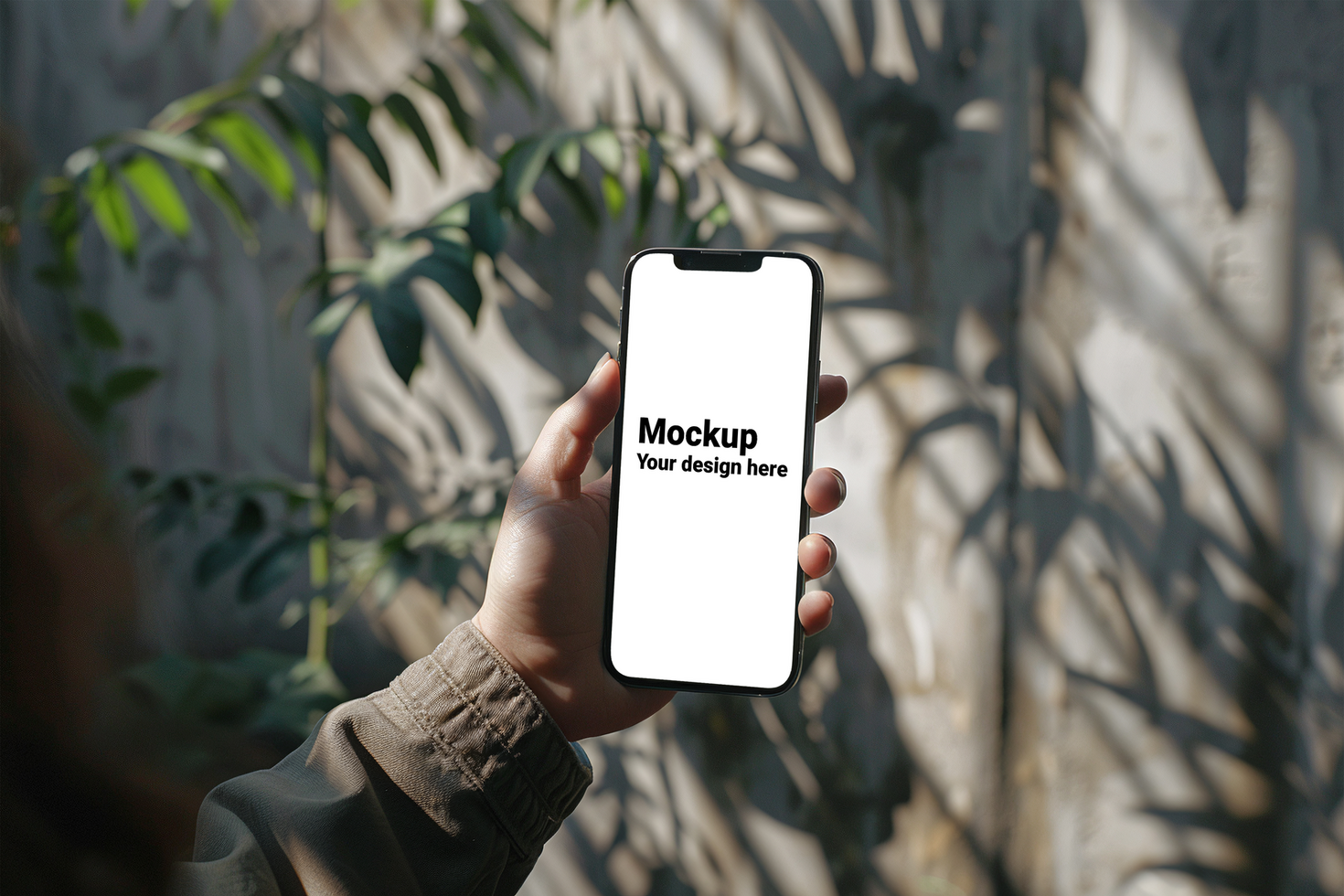 Mockup of black smartphone in hand with plants background psd