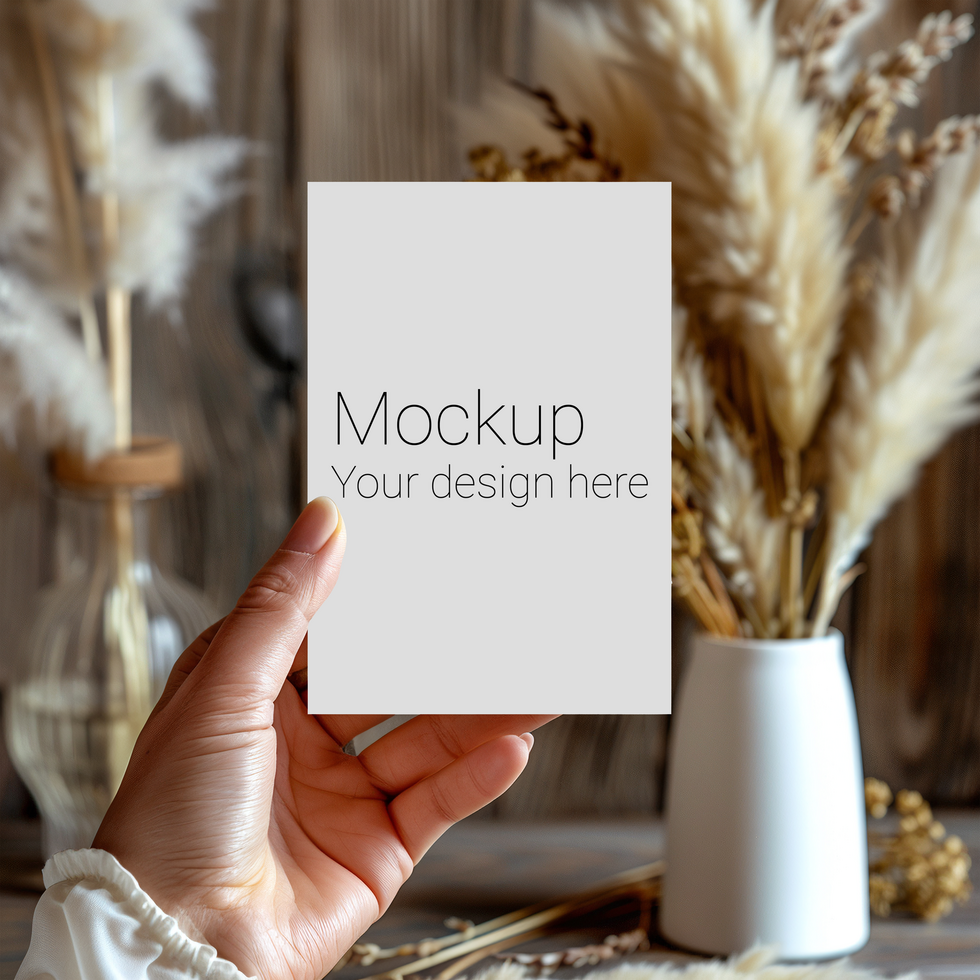 Mockup of greeting card in hand on background of plants psd