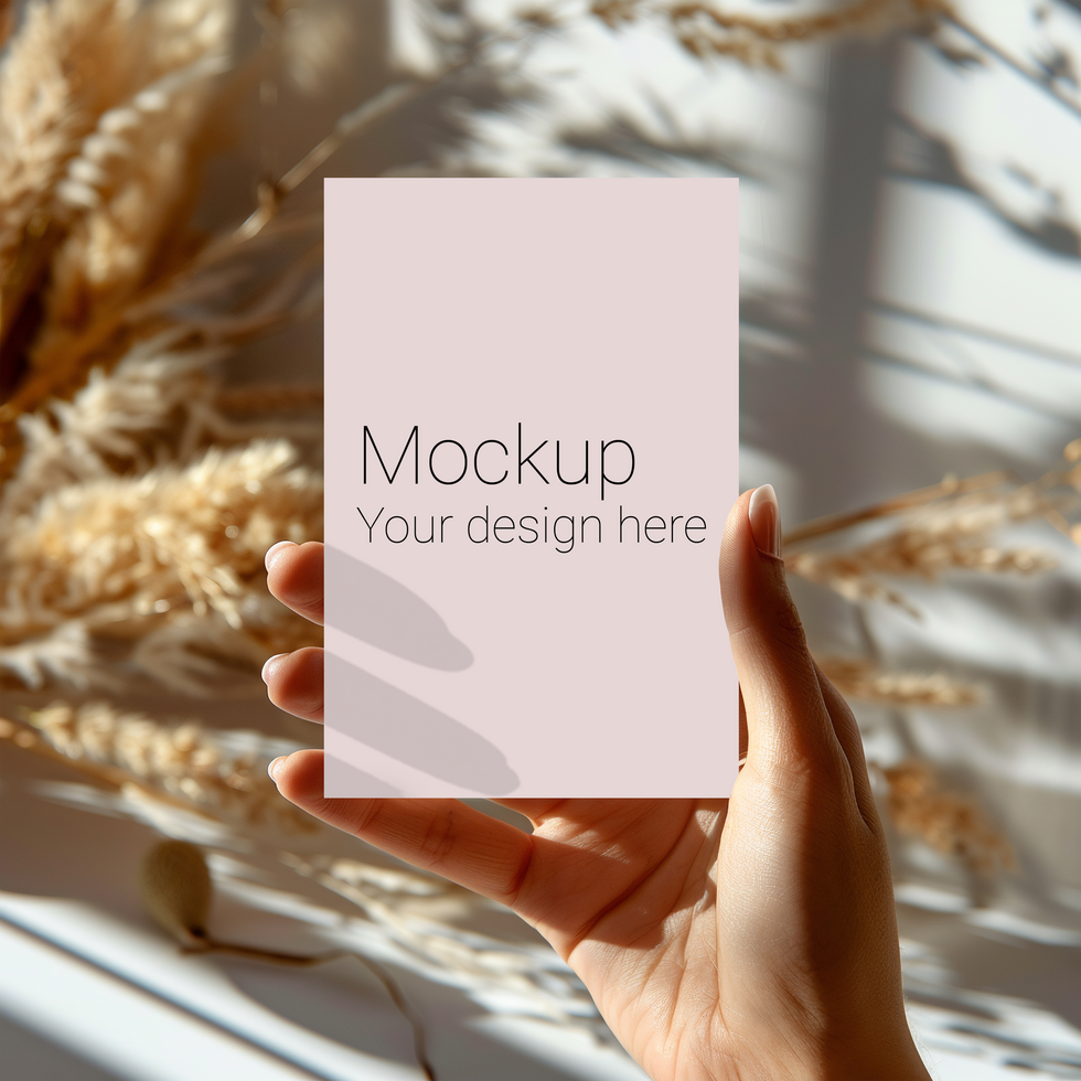 Mockup of greeting card in hand on background of plants psd