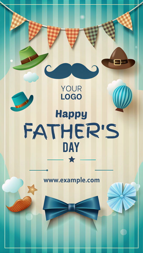 A poster for Father's Day featuring hats, a mustache, and a balloon psd