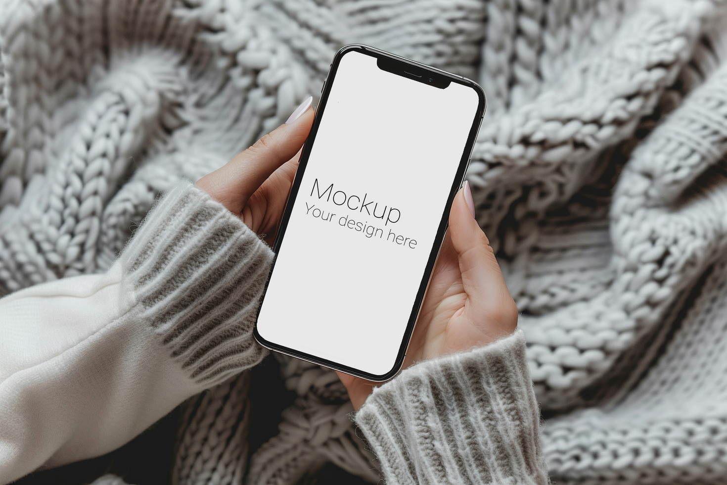 Mockup of black smartphone in two hands on bed with comforter psd
