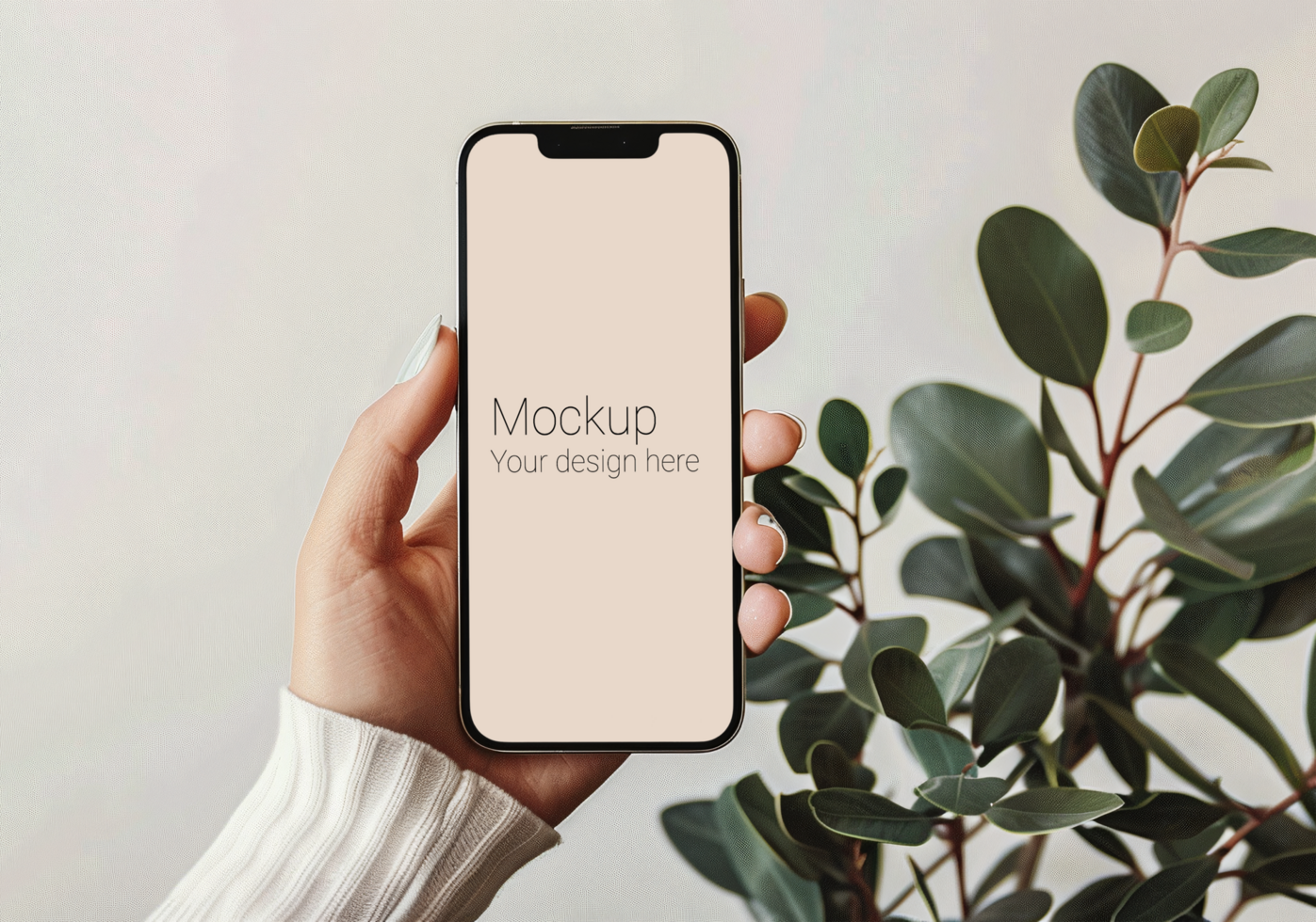 Mockup of black smartphone in hand with plants background psd