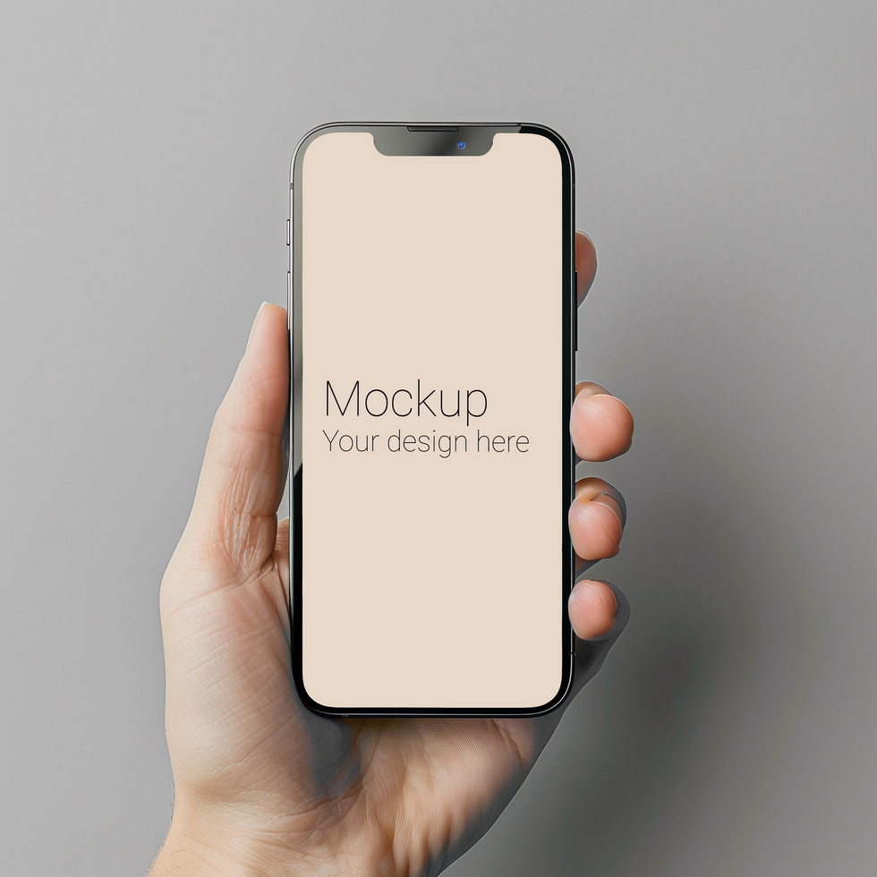 Mockup of black smartphone in hand on gray background psd
