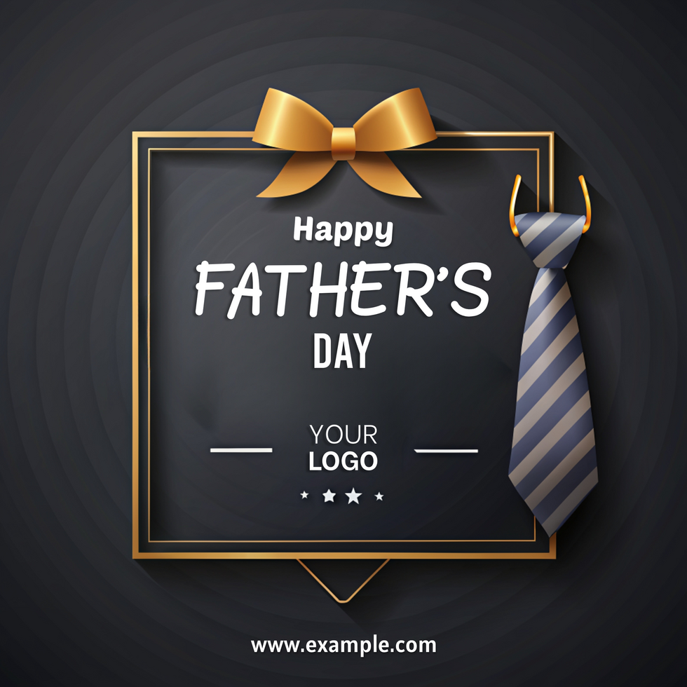A black background Happy Father's Day with a gold bow and a blue and white striped tie psd
