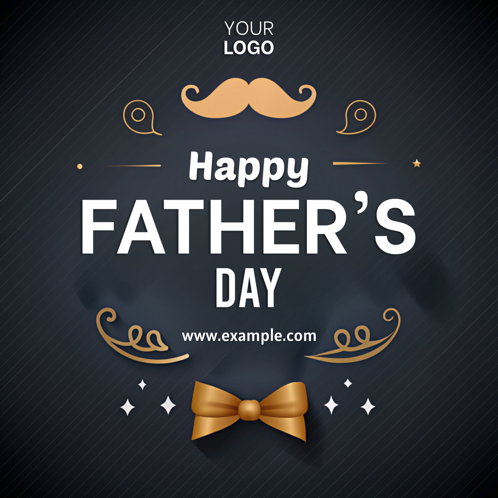 A black and gold Happy Father's Day poster with a mustache and bow tie design psd