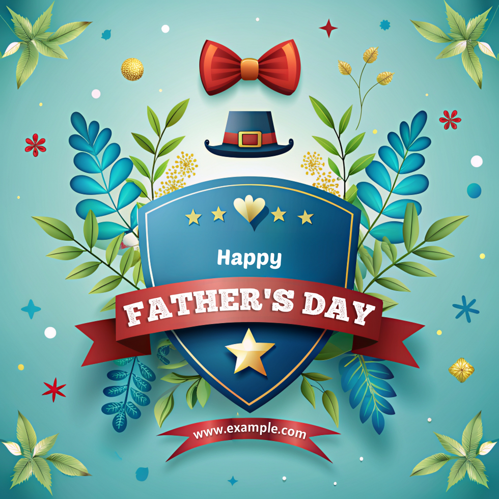 A blue and red shield Happy Father's Day with a hat on top and a red ribbon psd