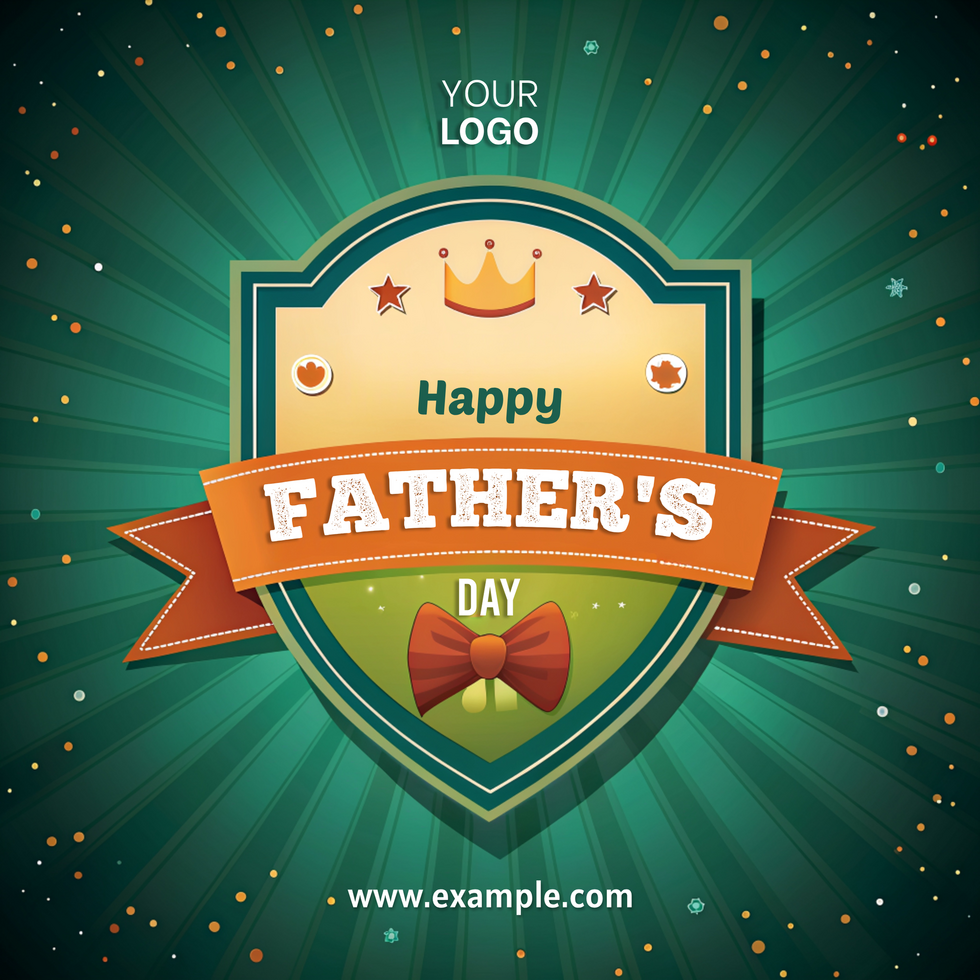 A green and gold Father's Day card with a bow tie and crown on it psd