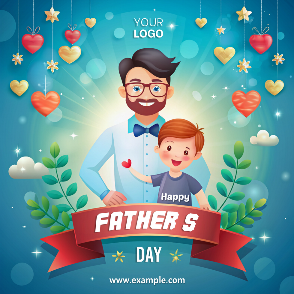 A man Happy Father's Day and a boy are holding hands and smiling psd