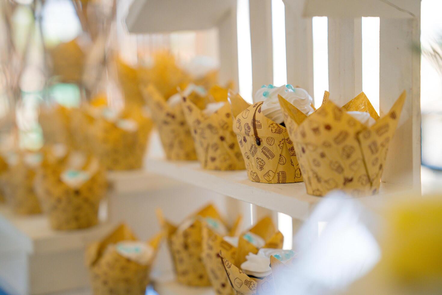 a row of cupcakes on a shelf photo