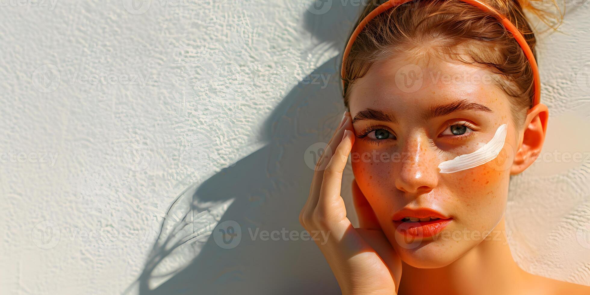 Close up portrait of young woman with sunscreen on her face. Sun safety for summer, sun protection factor, skincare, cosmetology and beauty concept with copy space. photo