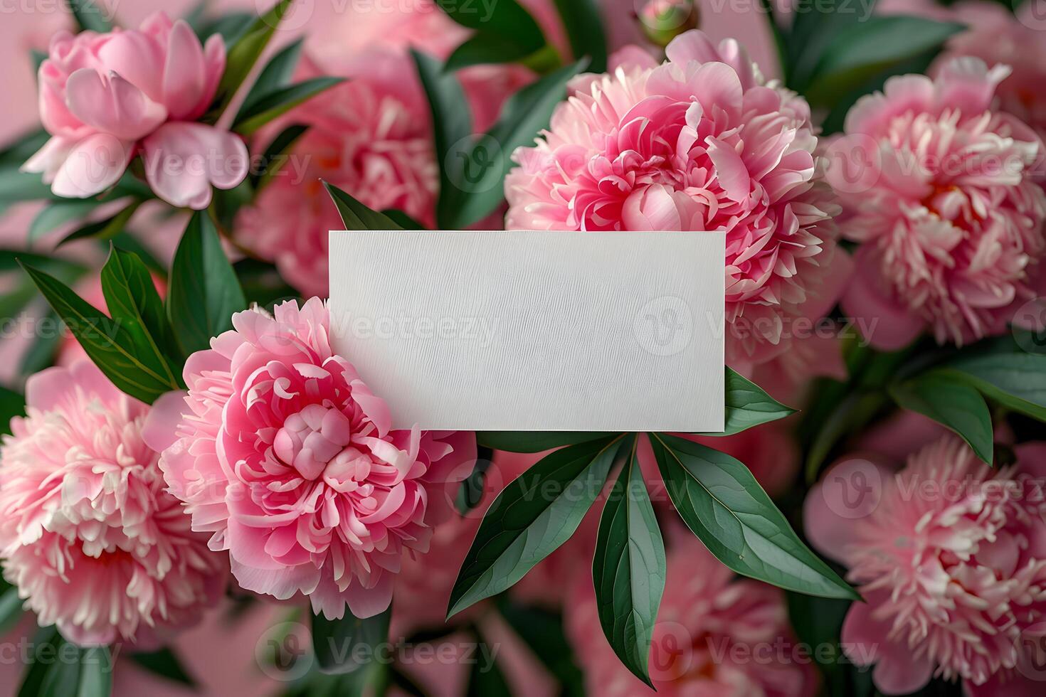 Empty rectangle label mockup with peony flowers. Blank price, gift, sale, designation, medicine, cosmetics, title or gift tag template with flowers background. photo