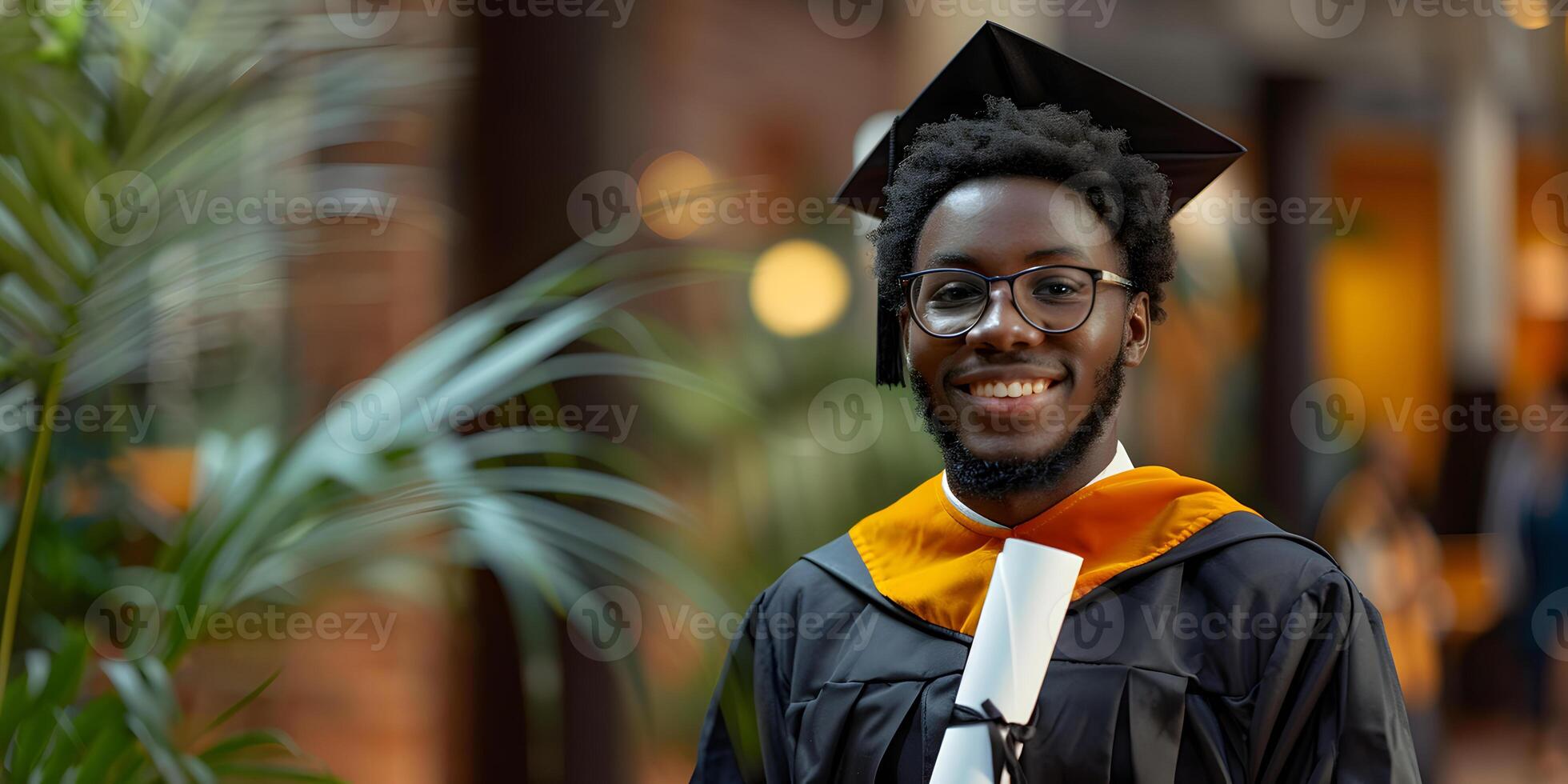 Cheerful young african american man graduate portrait in mortarboard and bachelor gown, graduation ceremony concept. Congratulation the graduates in University, education background with copy space. photo