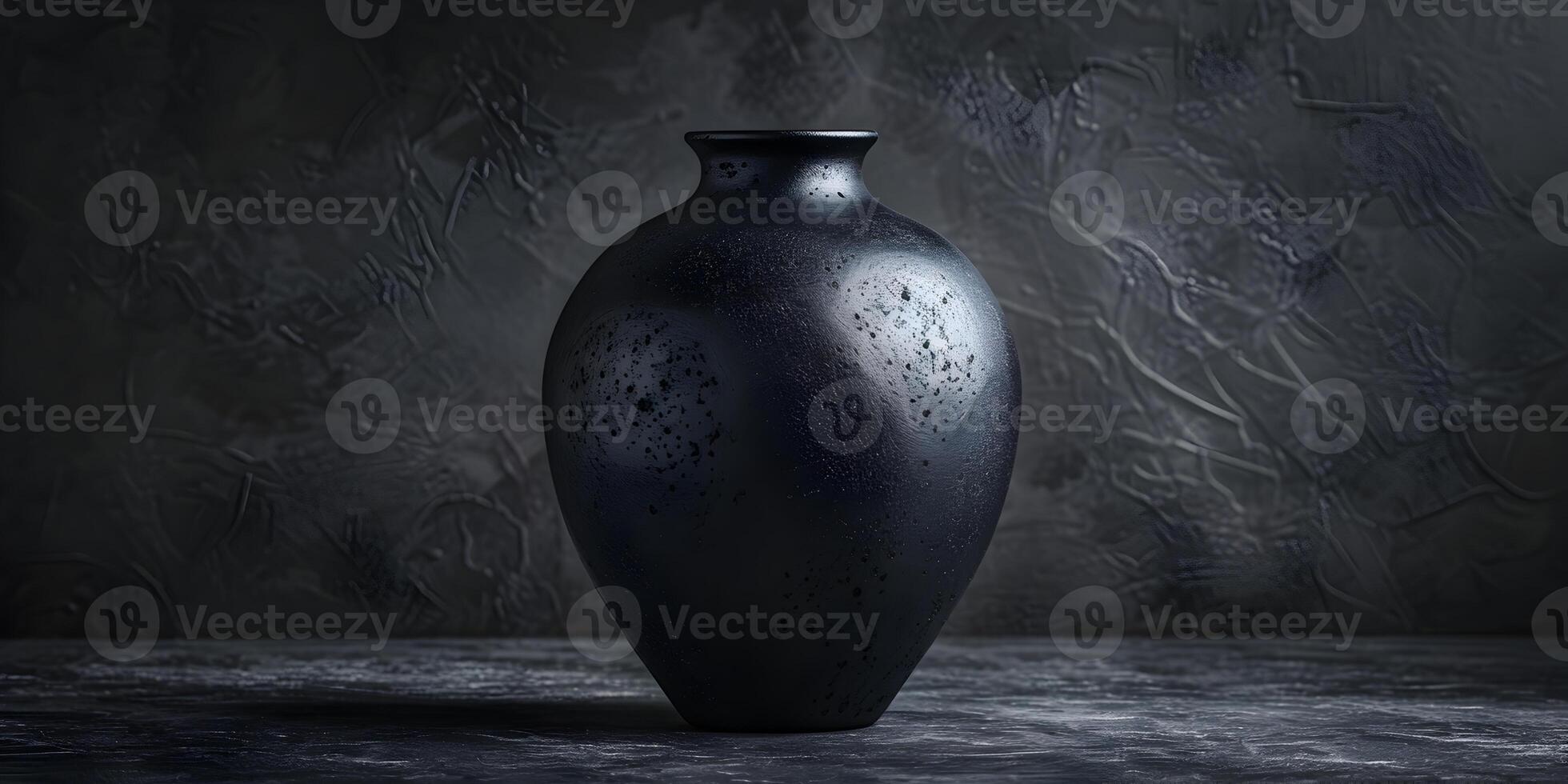 Black shelf or table with a ceramic vase against a textured dark marmor wall. Minimalist interior home or office design mockup concept with decoration and copy space. photo