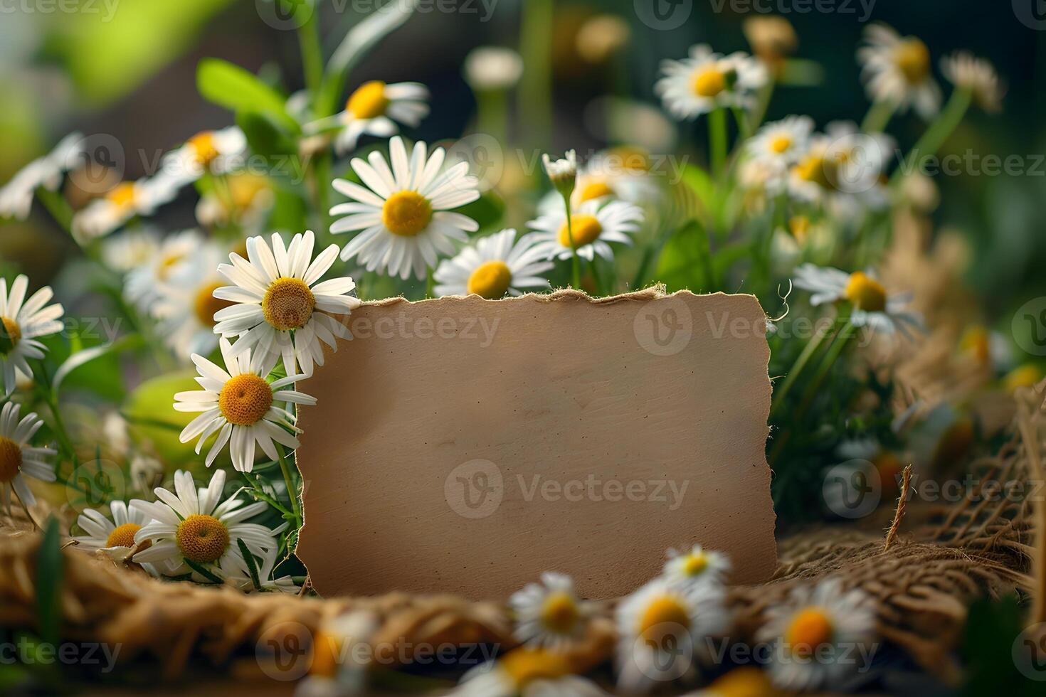 Empty rectangle label mockup with chamomile flowers. Blank price, gift, sale, designation, medicine, cosmetics, title or gift tag template with flowers background. photo