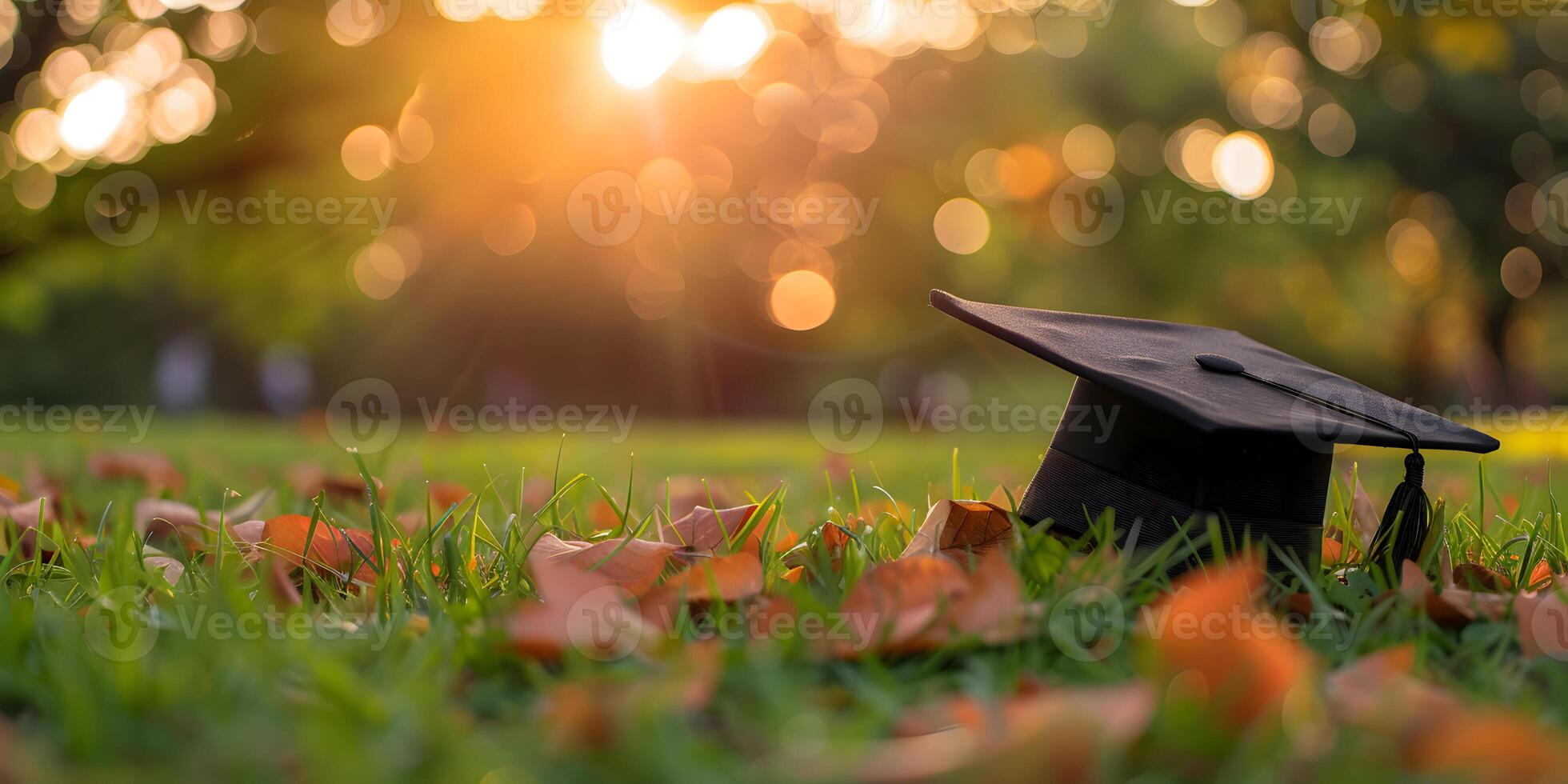 Graduation mortarboard cap on the grass, graduation ceremony concept. Congratulation the graduates in University, education background with copy space. photo